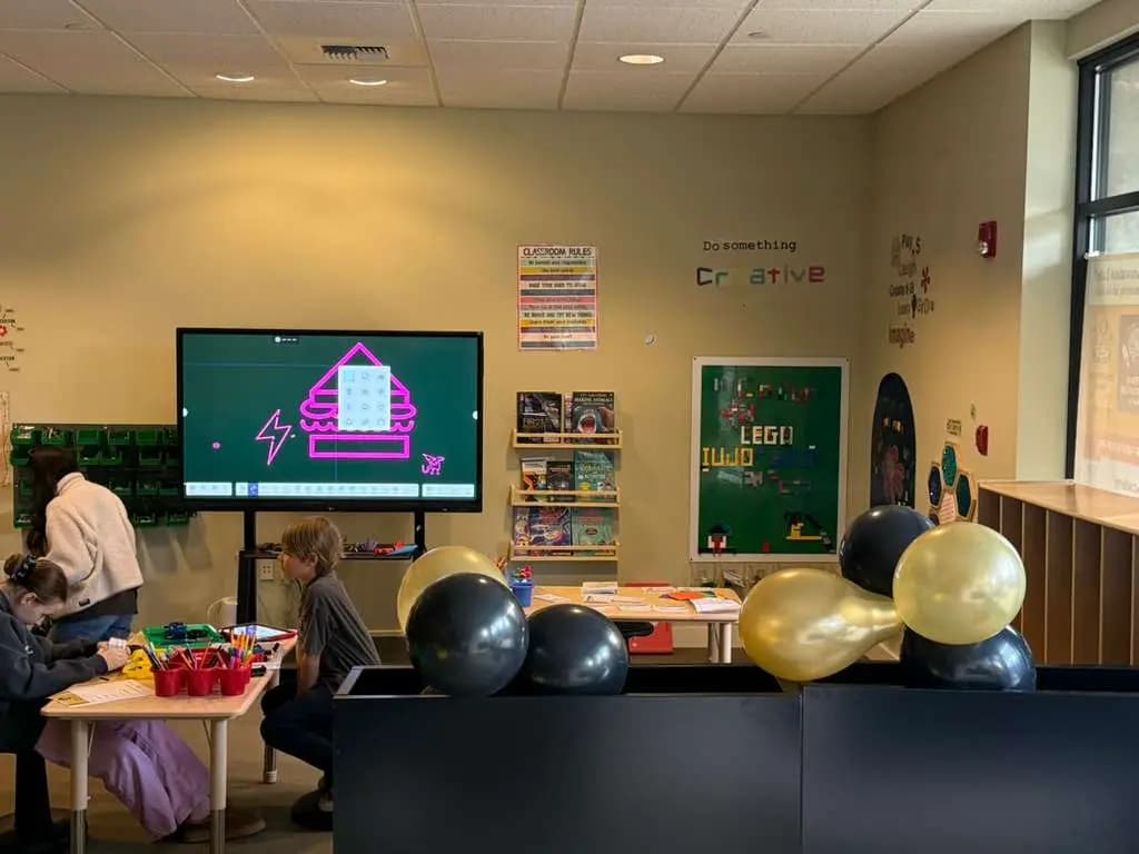 The LEGO wall and big screen, mid-afternoon